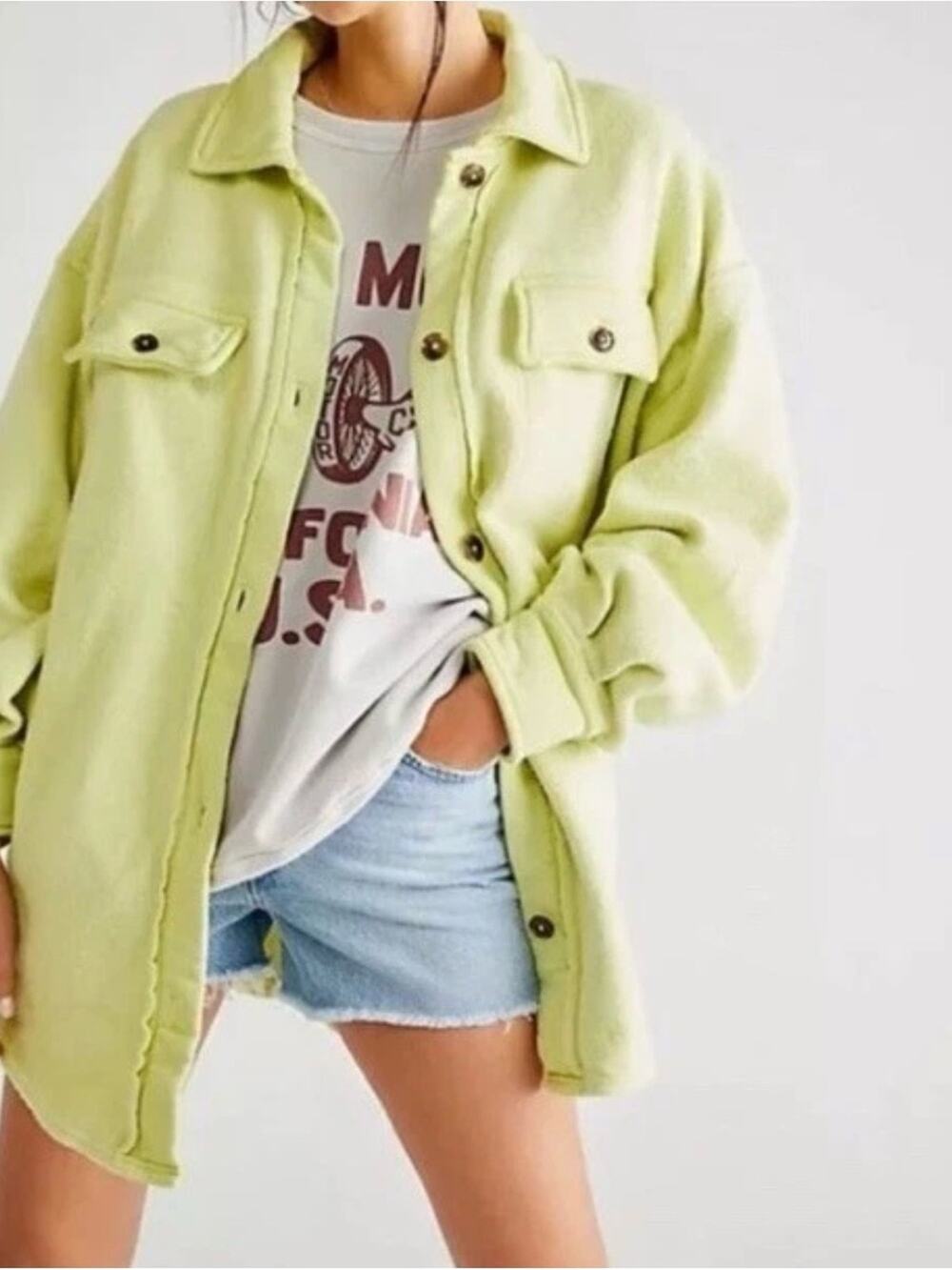 Free People Ruby Oversized Shacket Fleece Jacket Neon Green Yellow Size Small